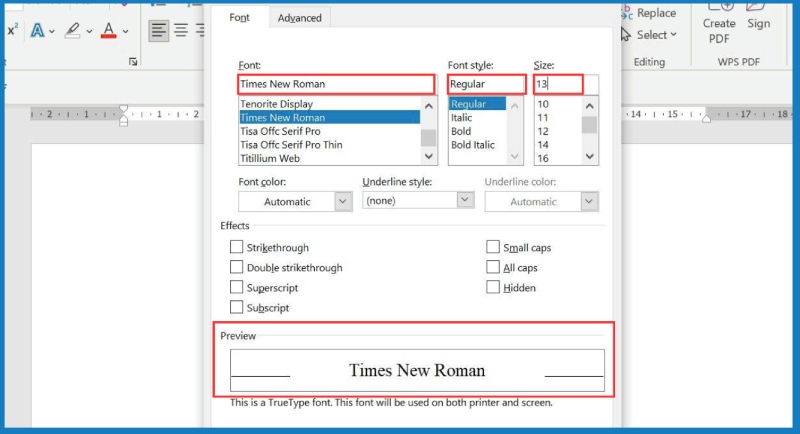 Những tùy chọn trong hộp thoại Font
