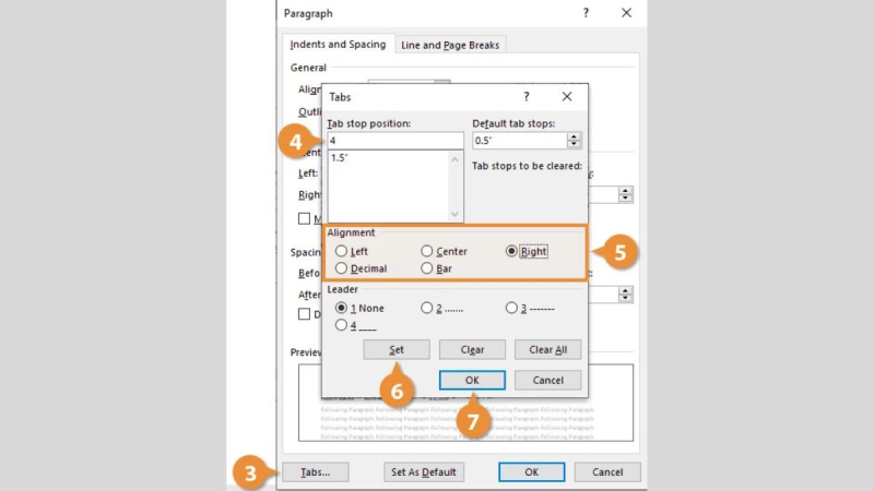 Điều chỉnh các thông số trong hộp thoại Tab và nhấn Ok để áp dụng