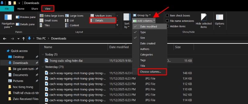 Mở chế độ Details và chọn cột hiển thị trong File Explorer
