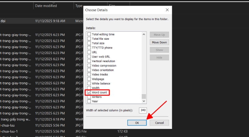 Chọn mục Word count trong cửa sổ Choose Details