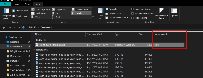 File Explorer hiển thị cột Word count của tài liệu Word