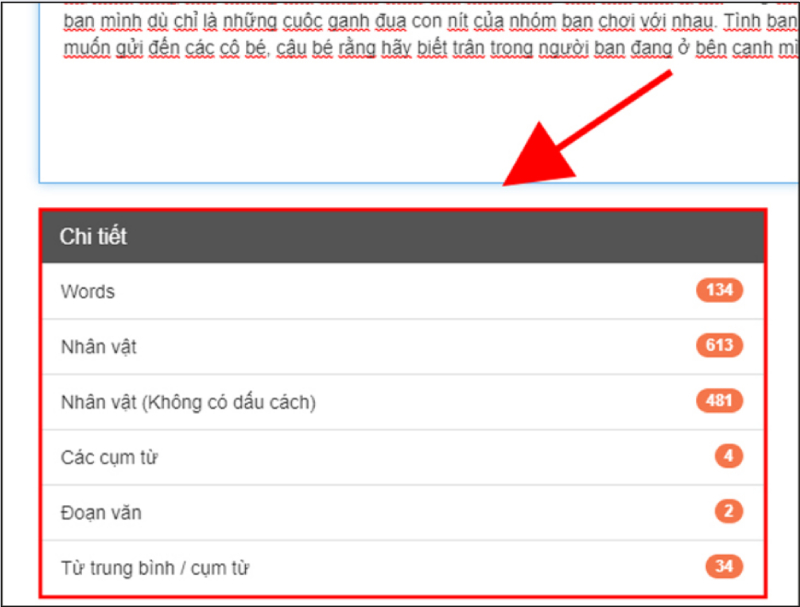 Bảng thống kê chi tiết số từ, ký tự trên WordCounter360