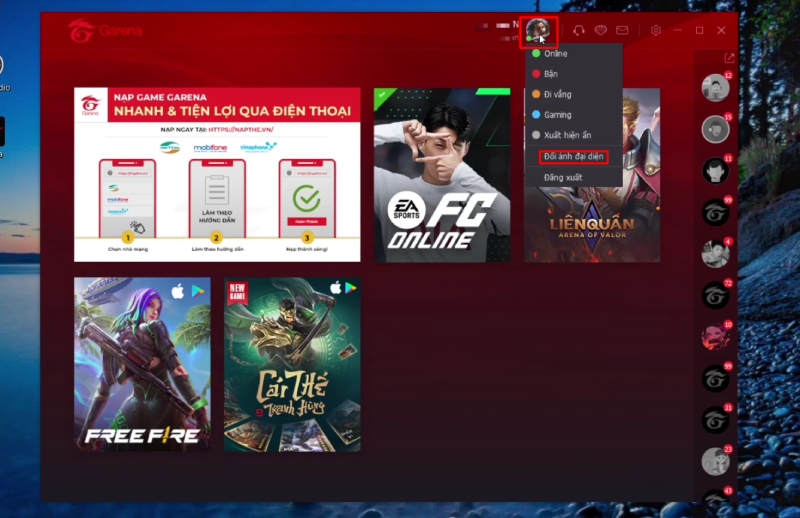 Màn hình Garena PC với thao tác chọn “Đổi ảnh đại diện”