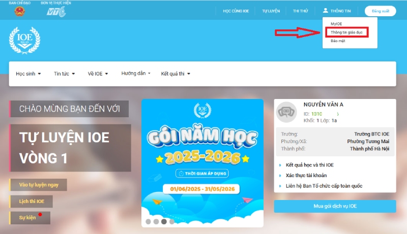 Truy cập mục Thông tin giáo dục trong tài khoản IOE