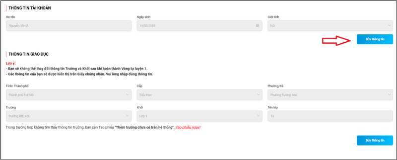 Giao diện chỉnh sửa thông tin tài khoản IOE