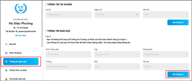 Chỉnh sửa thông tin giáo dục trong tài khoản IOE