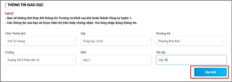 Cập nhật thông tin lớp học trên IOE