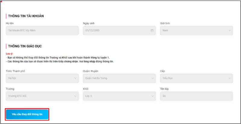 Cập nhật thông tin lớp học trên IOE