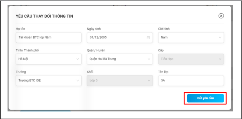 Gửi yêu cầu thay đổi thông tin giáo dục IOE