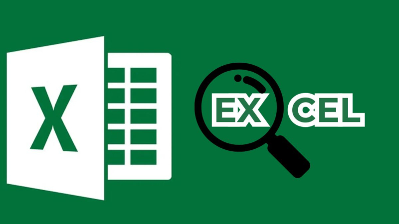 Biểu tượng Excel kèm kính lúp minh họa thao tác tìm kiếm ký tự