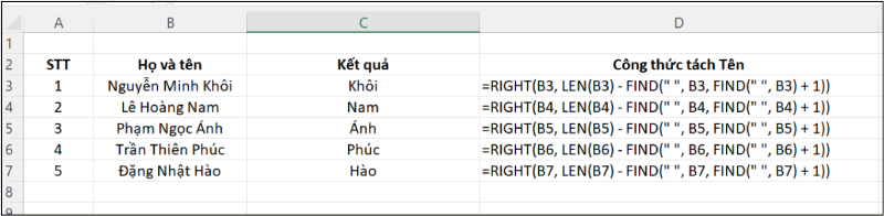 Ví dụ tách tên riêng bằng hàm RIGHT và FIND trong Excel