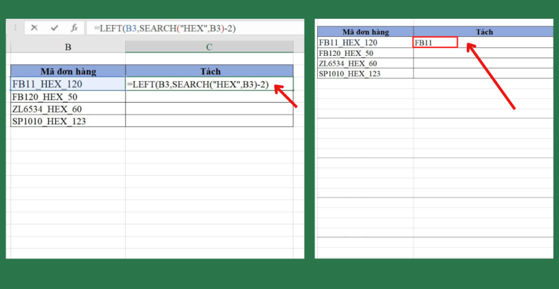 Hàm SEARCH tách ký tự trong mã đơn hàng Excel