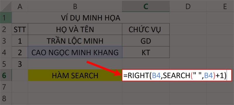 Dùng hàm SEARCH để tách tên trong Excel