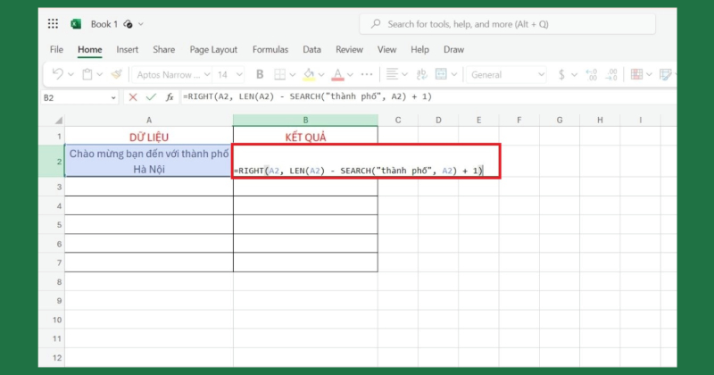 Công thức RIGHT kết hợp SEARCH trong bảng tính Excel