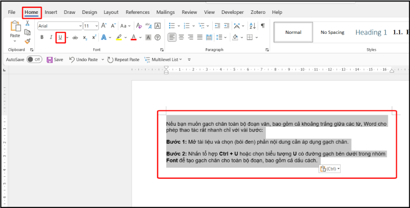 Gạch chân toàn bộ đoạn văn trong Word