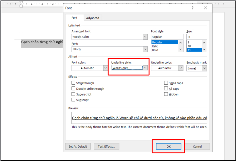 Chọn chế độ Words only và nhấn OK