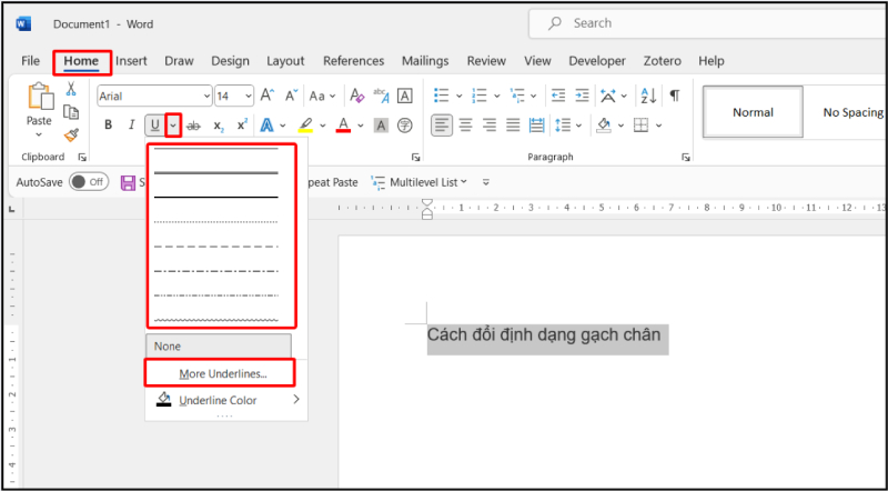 Chọn kiểu gạch chân trong Word