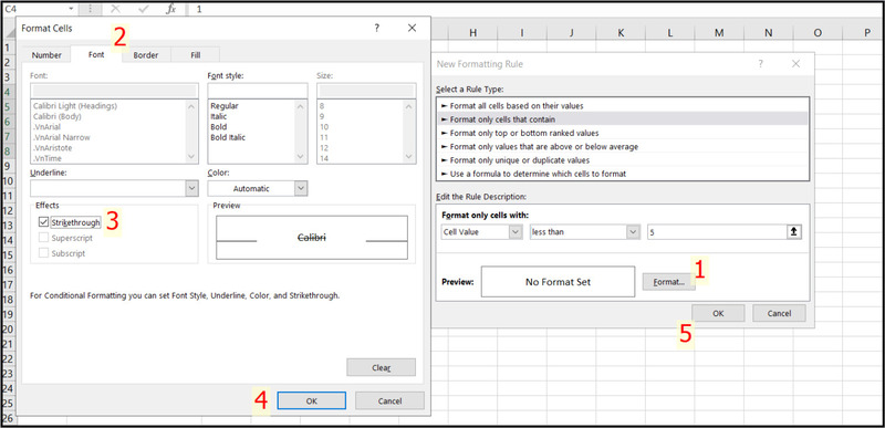 Chọn Strikethrough khi định dạng quy tắc