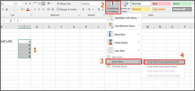 Các bước bỏ gạch ngang chữ trong Excel