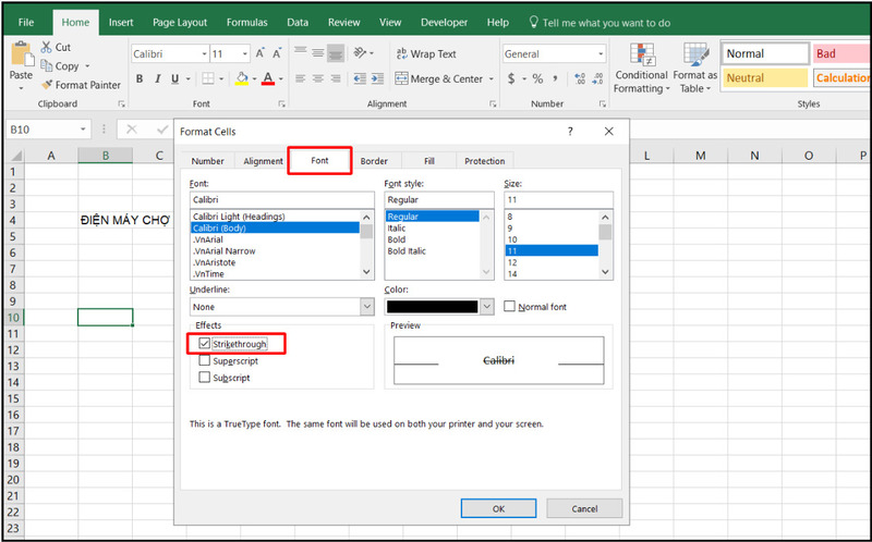 Chọn đánh dấu vào ô Strikethrough