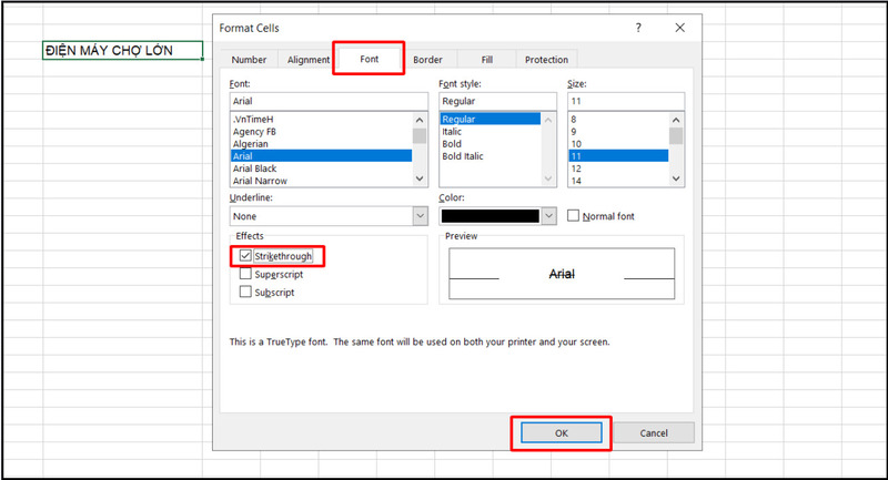 Tích vào lựa chọn Strikethrough
