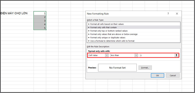 Thiết lập điều kiện less than