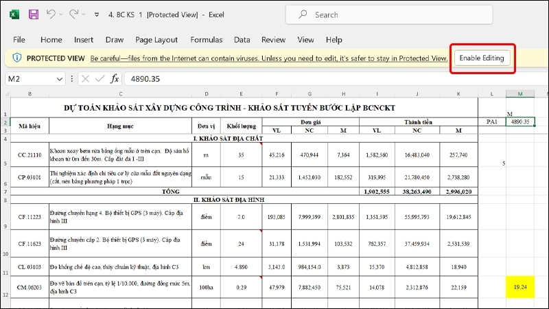 Nút Enable Editing trong chế độ Protected View