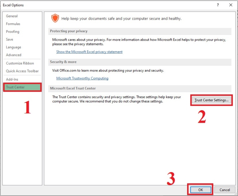 Truy cập Trust Center trong Excel