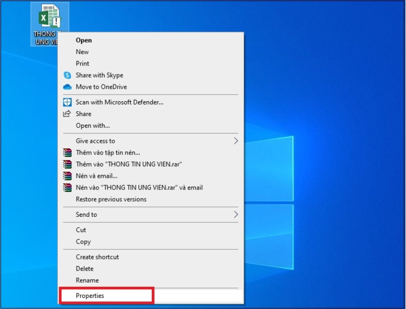 Mở Properties của file Excel