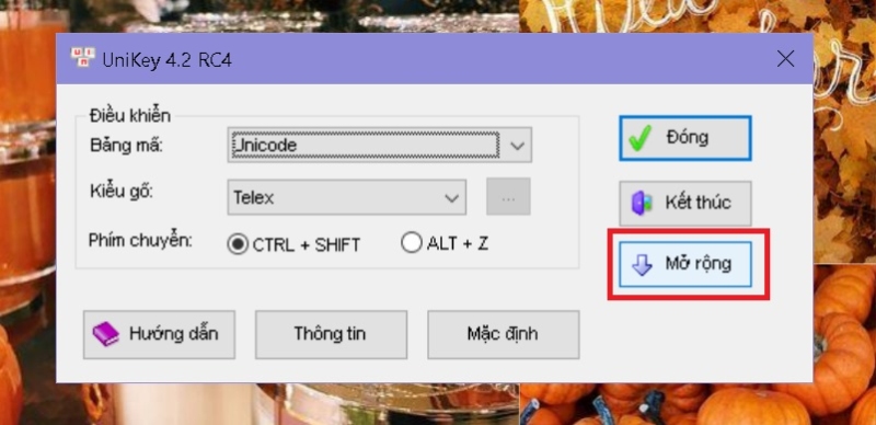 Mở rộng tùy chọn trong bảng điều khiển UniKey