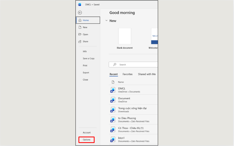 Mở mục Options trong Word