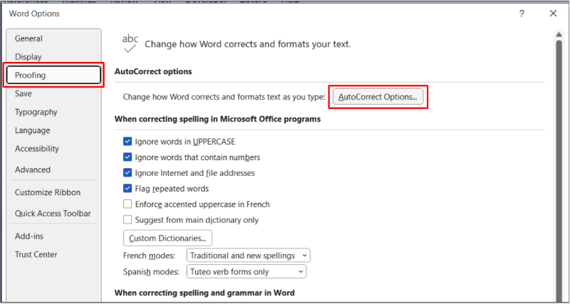 Truy cập mục Proofing và AutoCorrect Options