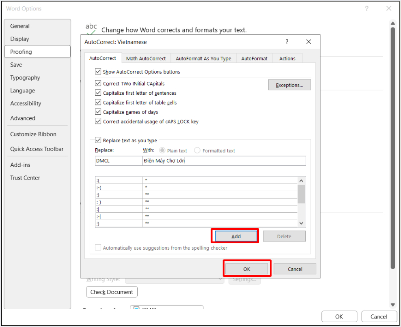 Thêm gõ tắt bằng trong Word