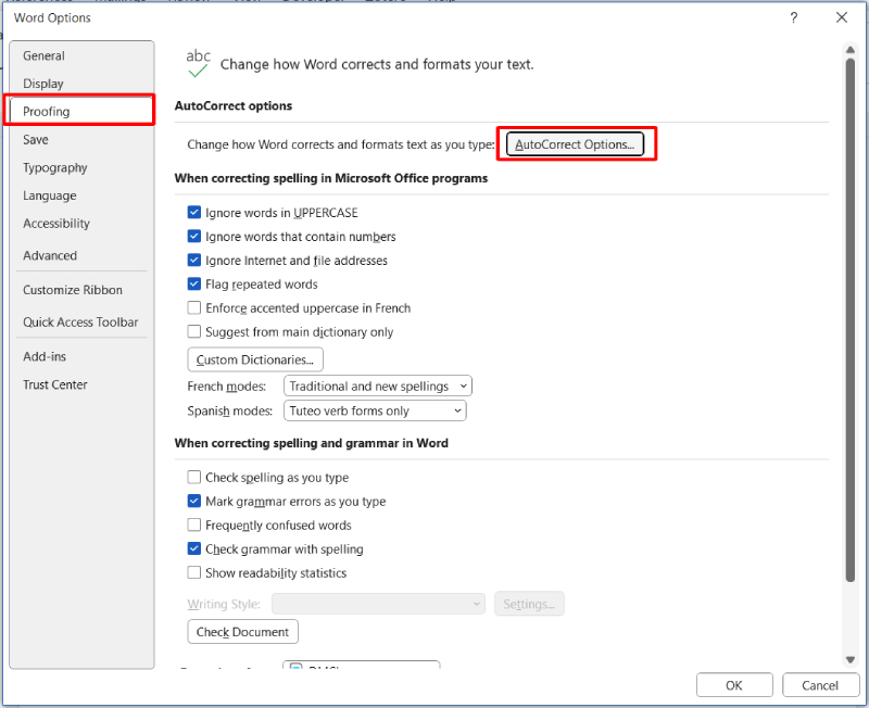 Mở AutoCorrect Options trong mục Proofing