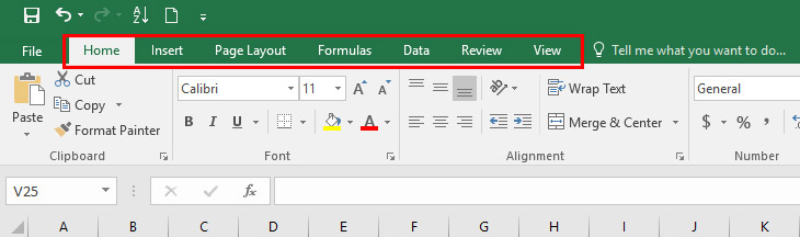 Ribbon Excel hiển thị đầy đủ các tab