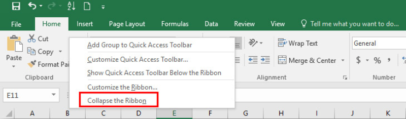 Chọn Collapse the Ribbon trong Excel mới