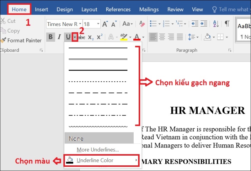 Truy câp vào mục Underline để tạo dòng kẻ