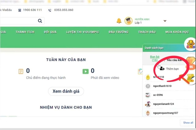 Thao tác thêm bạn trên VioEdu