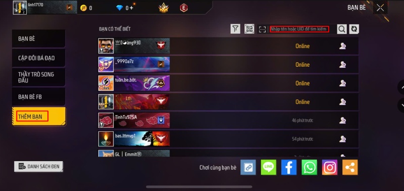 Thao tác thêm bạn bè trong Free Fire