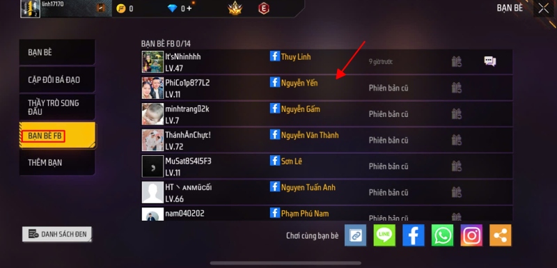 Danh sách bạn bè trong Free Fire hiển thị bạn bè trên Facebook