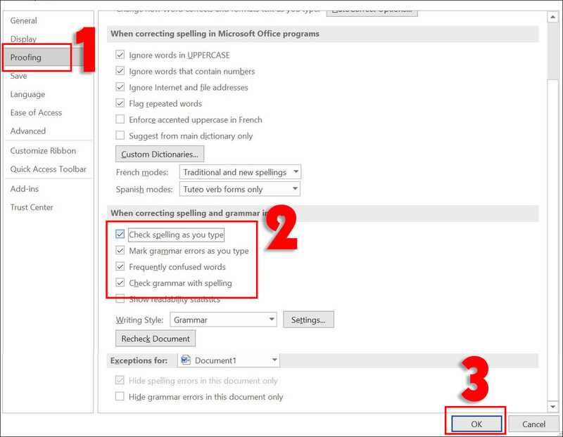 Mở mục Proofing để chỉnh sửa