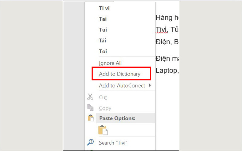 Chọn Add to Dictionary để bổ sung