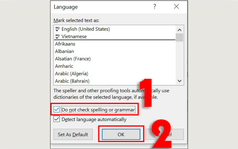 Chọn Do not check spelling or grammar