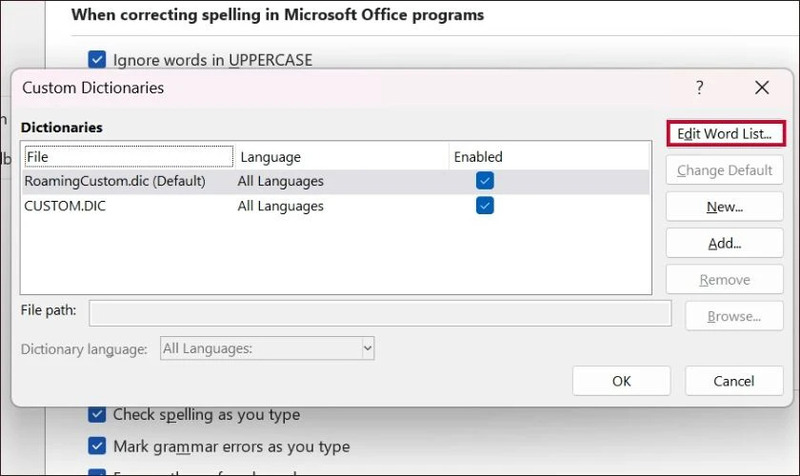 Nhấn Edit Word List để chỉnh sửa