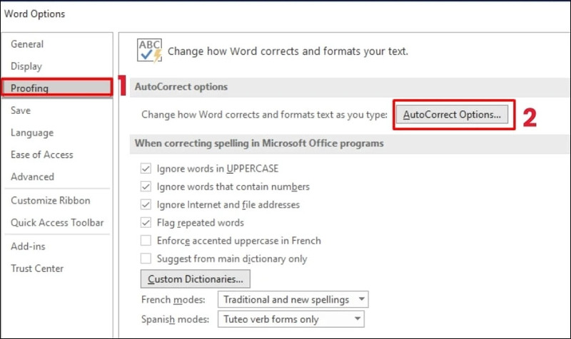 Mở AutoCorrect Options