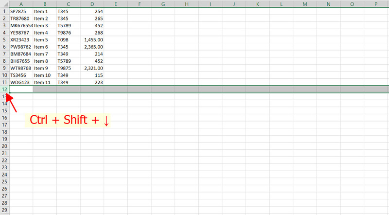 Chọn toàn bộ hàng trống