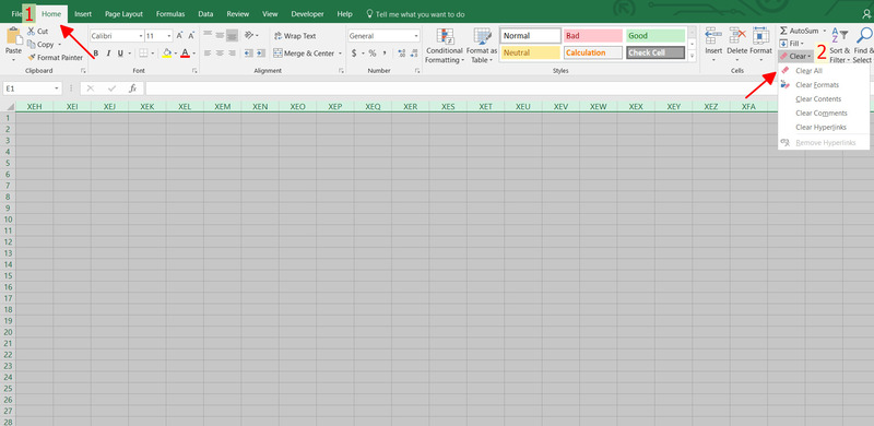 Xóa định dạng các ô trống