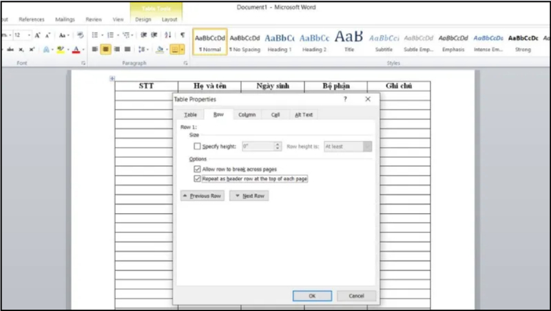 Thiết lập Repeat as header row trong Word