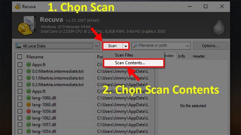 Chọn Scan và Scan Contents