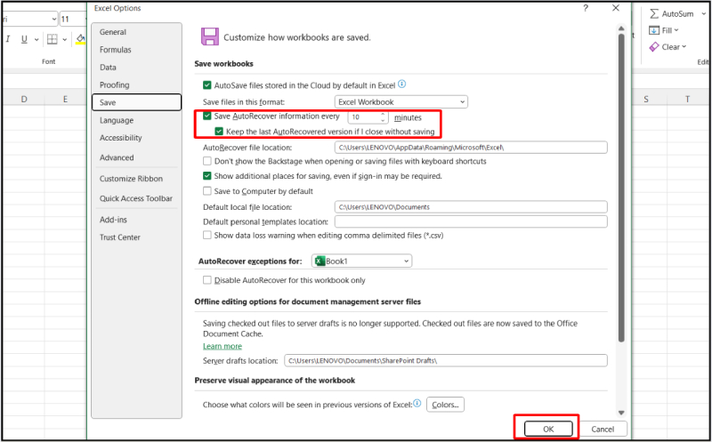 Bật AutoSave và AutoRecover để tự động lưu file Excel